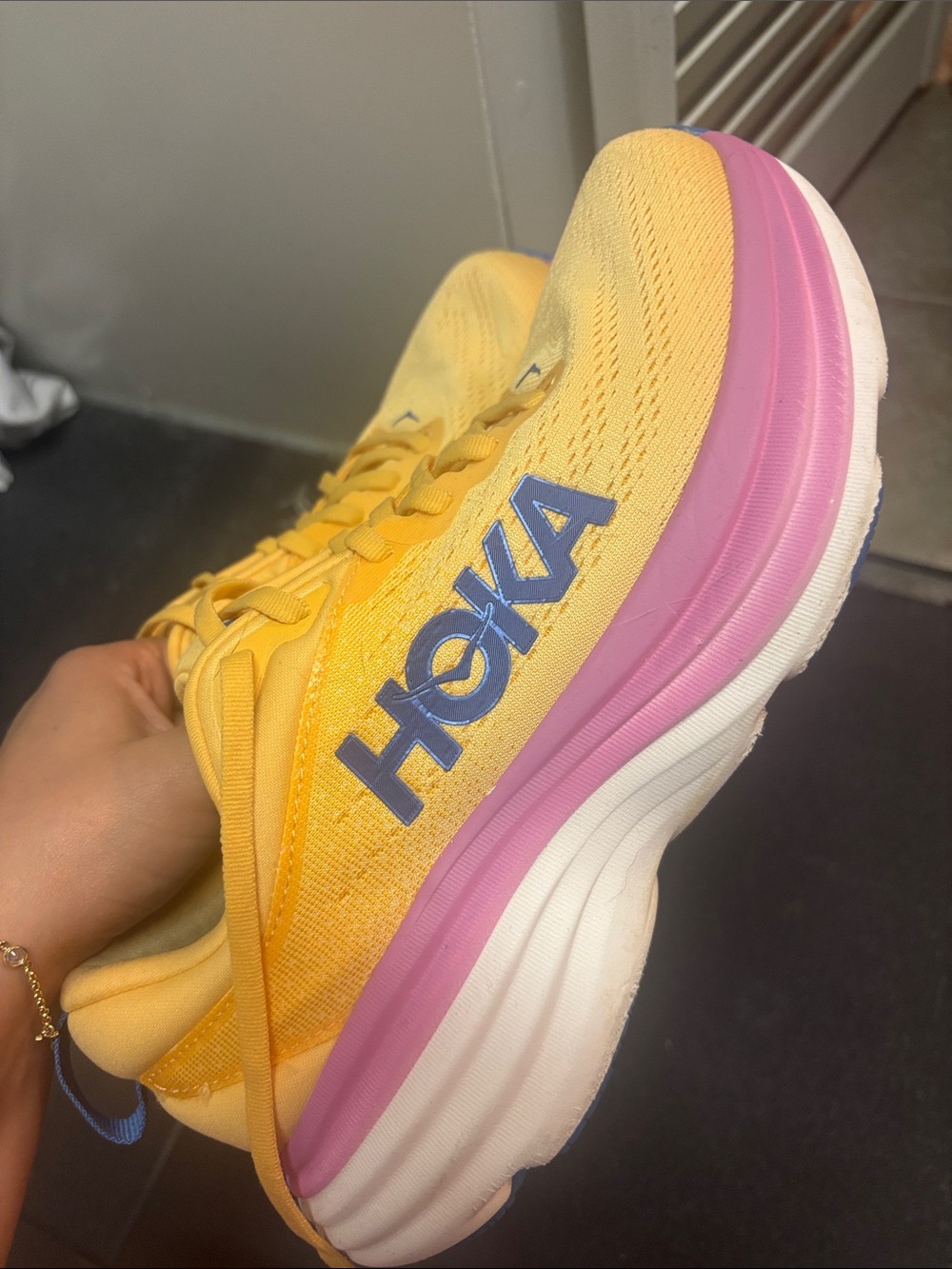 Hoka women’s Yellow Sneakers with Pink Midsole - Picture 4 of 4